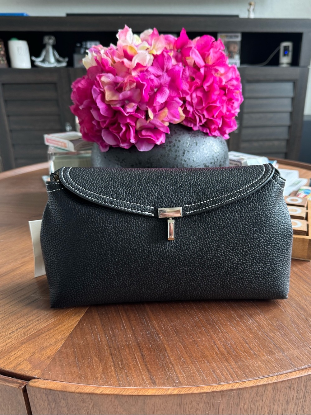 Black Pebbled Leather Wristlet Clutch with Silver Accent